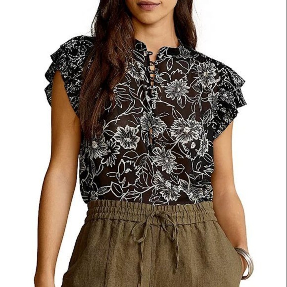 Polo Ralph Lauren Black White Floral Pleated Flutter Sleeve Blouse Office Preppy